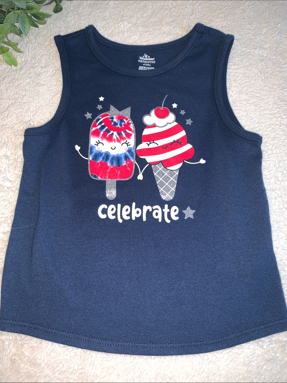 Celebrate Patriotic Ice Cream Tank Top 4T Navy Blue EUC Fourth of July